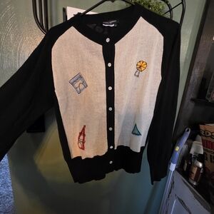 Trendy Black and Cream Cardigan with Embroidered Accents